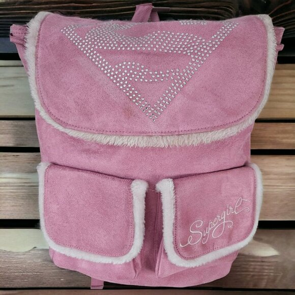 Supergirl Pink Faux Suede Backpack W/ Rhinestone Logo Furry Trim Bling Superhero - Picture 2 of 16